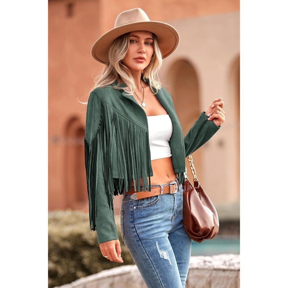 Women's Green Fringe Faux Suede Leather Tassel Motorcycle Cropped Jackets - Picture 5 of 9